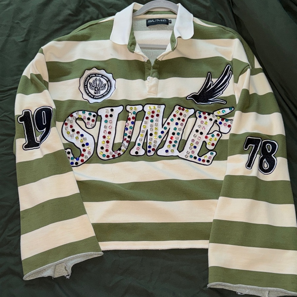 Green and White Striped Rugby Shirt